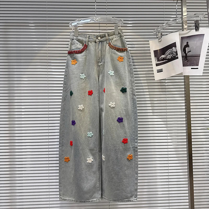Autumn Winter New Fashion Rhinestone Pocket Knitted Flower Decoration Wide-Leg Jeans For Women Straight Pants 11A07801 Light Blue