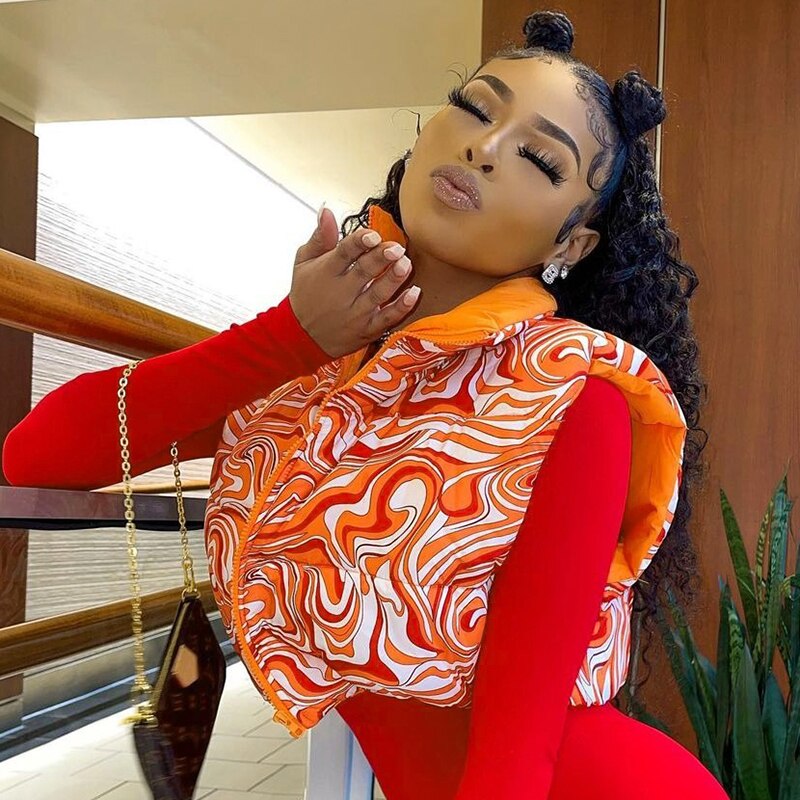 Sleeveless Clashing Graphic Slim Fitting Standing Collar Women'S Short Fitting Cotton Jacket