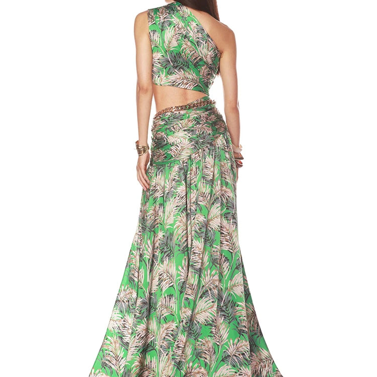Stylish Green Print Ensemble One-Shoulder High Slit Two-Pieces Dress Set for Summer Galas