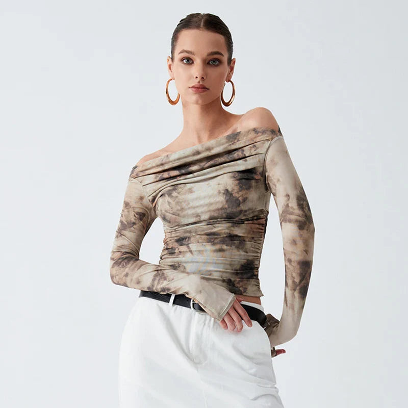 CUTENOVA Spring New Printed Slash Collar Long Sleeve Backless Shrinkage Top T-Shirt Mesh See Through Elegant Top Casual