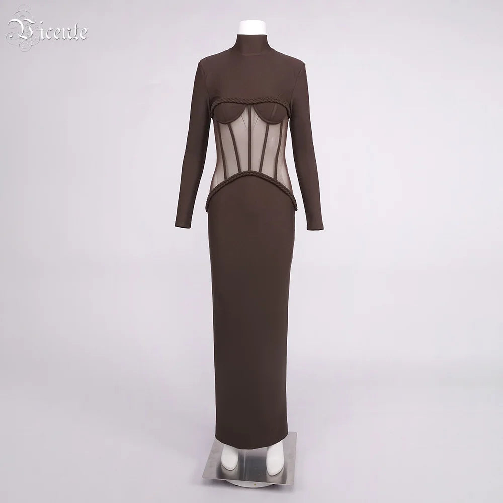 VC Sophisticated Brown High-Neck Long Sleeves Dress with Sheer Mesh Corset Accent for Party Evening Gown