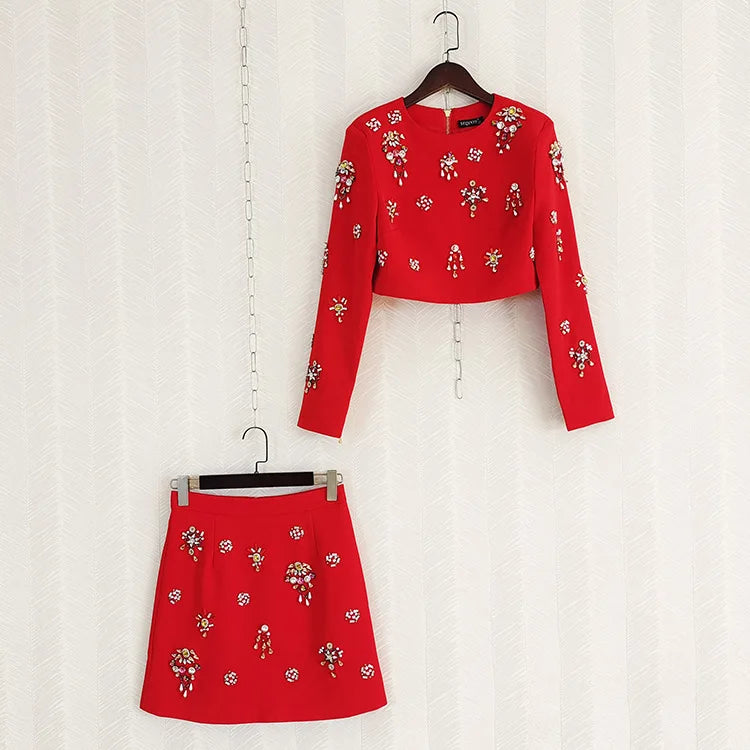 Ailigou 2023 New Autumn Women's Fashion Sexy Luxury Colorful Diamond Bead Short Top+Dress Black Two Piece Set Red