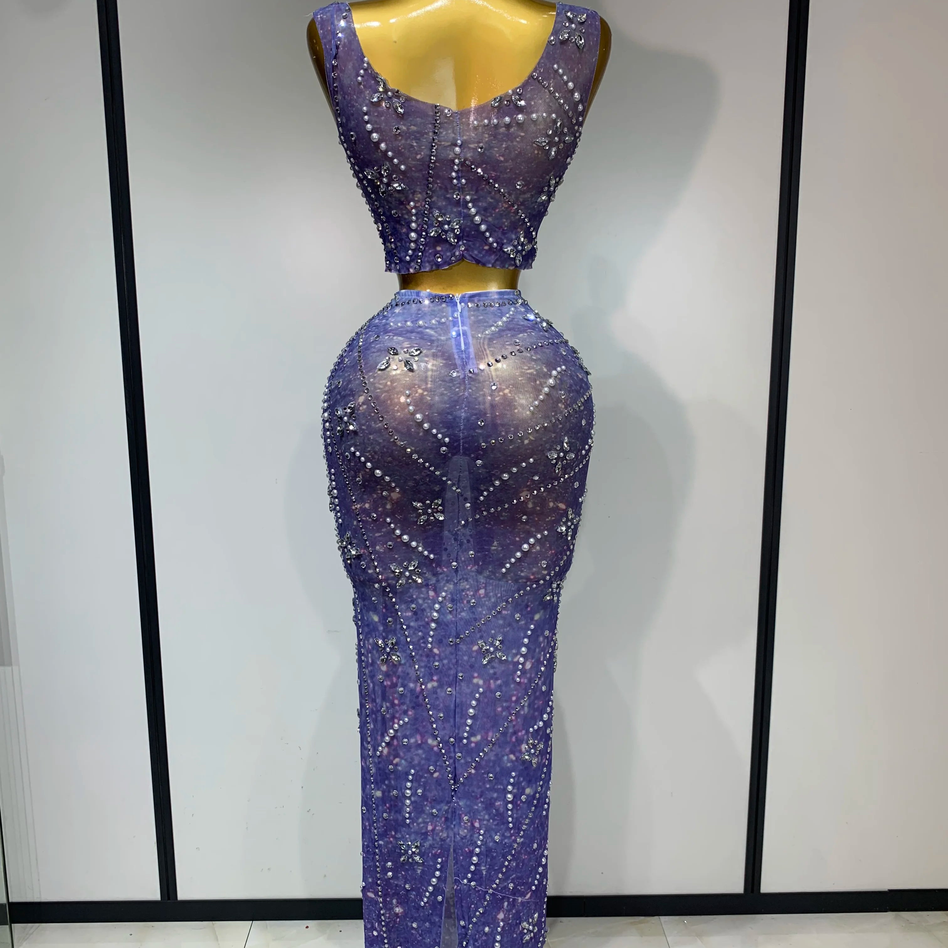 Sparkly Rhinestones Top Long Skirt Two Pieces Set Women Celebirty Luxury Birthday Dress Nightclub Stage Performance Costume