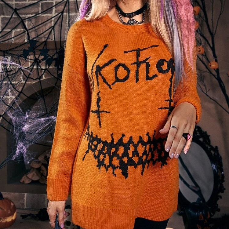 Yangelo Halloween Gothic Letter Pattern Knitted Sweater Punk Street Retro Basic Women's Fall Winter Warm Loose Sweater