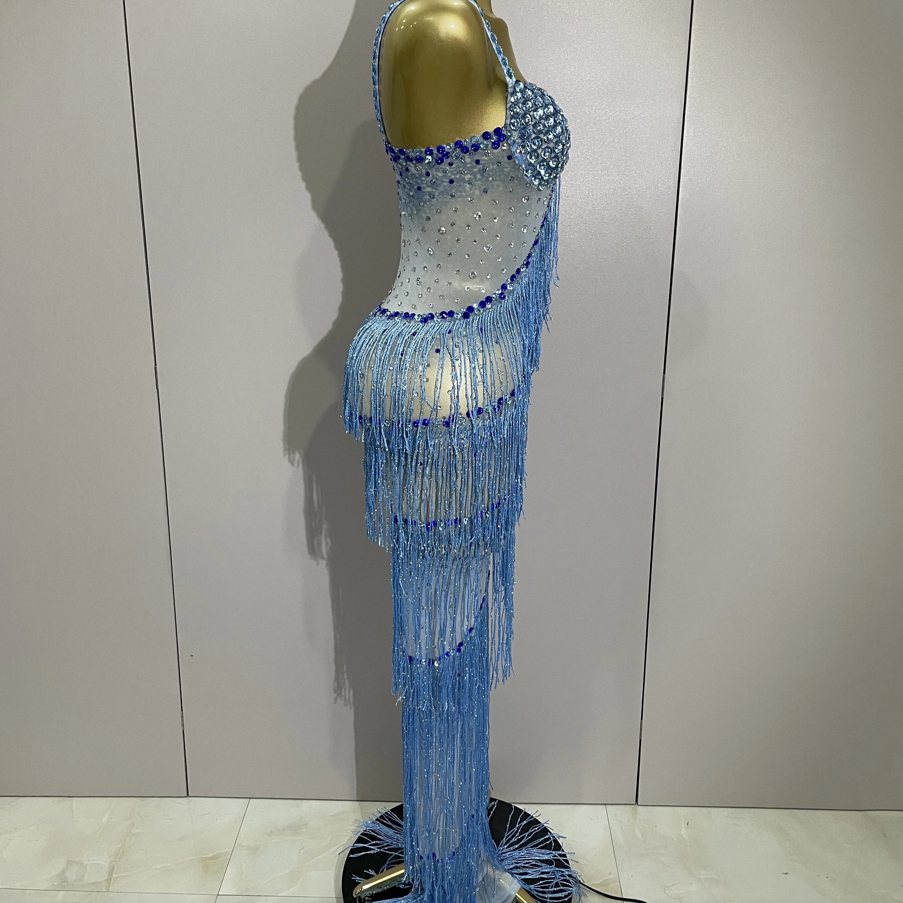 2025 Sparkly Rhinestones Tassel sexy Mesh Slip Long Dress Women Celebrate Evening Prom Birthday paty Dress Photoshoot Stage Wear