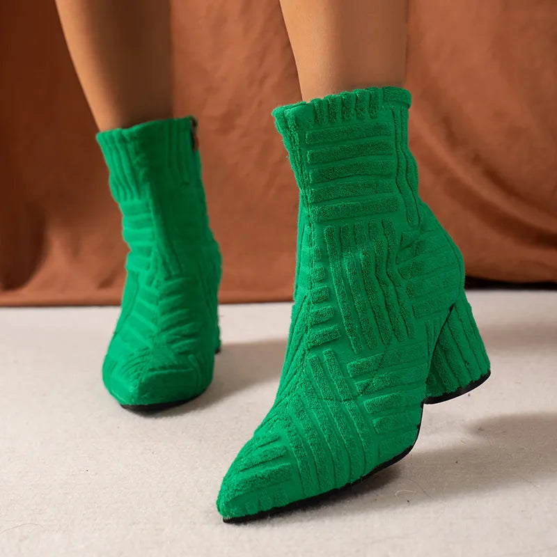 Winter Women's Luxury Brand Thick Heel High Heel Fashion Green Street Style Women's Boots Pointed Women's Boots