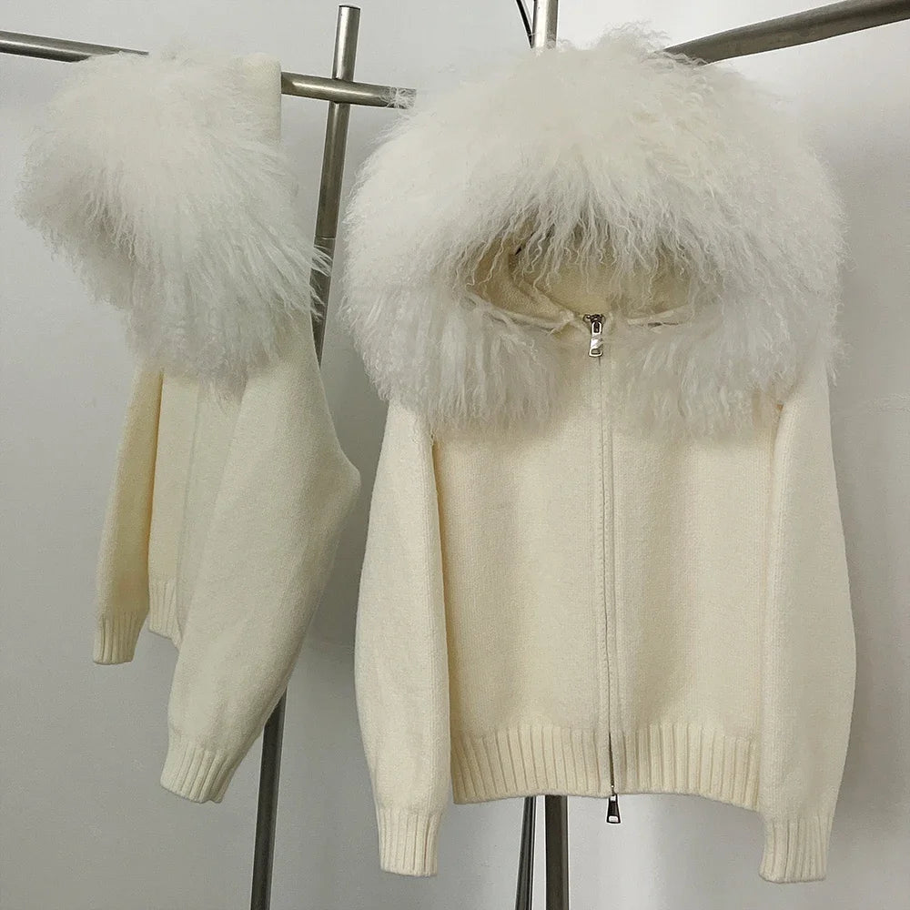 Coat Women Cardigan Natural Fox Fur Coat Women Real Mongolian Fur Knitwear Female Spring Autumn Hooded Knitted Fur Jacket Beige sheep One Size
