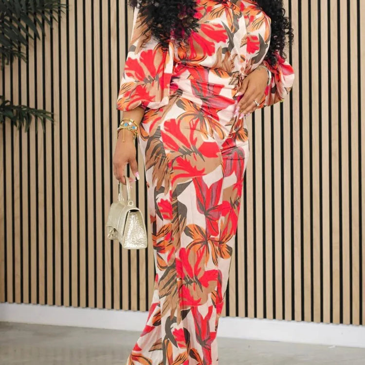 Plus Size Summer Flower Floral 2 Two Piece Set Women Bodycon Fashion Ladies Blouses Casual Loose High Waist Woman Wide Leg Pant