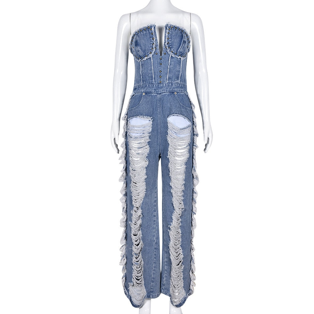 Vintage Hole Tassel Denim Jumpsuit Women 2024 New Fashion Sexy Off The Shoulder V Neck Rivet Club Party Romper Y2K One Pieces blue jumpsuit