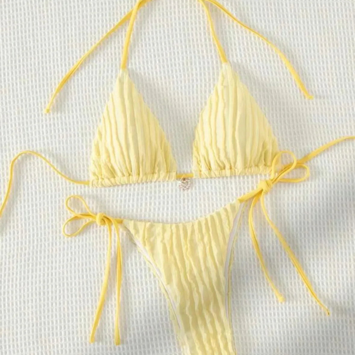 Women yellow micro mini string bikini sets two pieces tie halter thong swimsuit Swimwear bathing suit beach outfits biquini Yellow