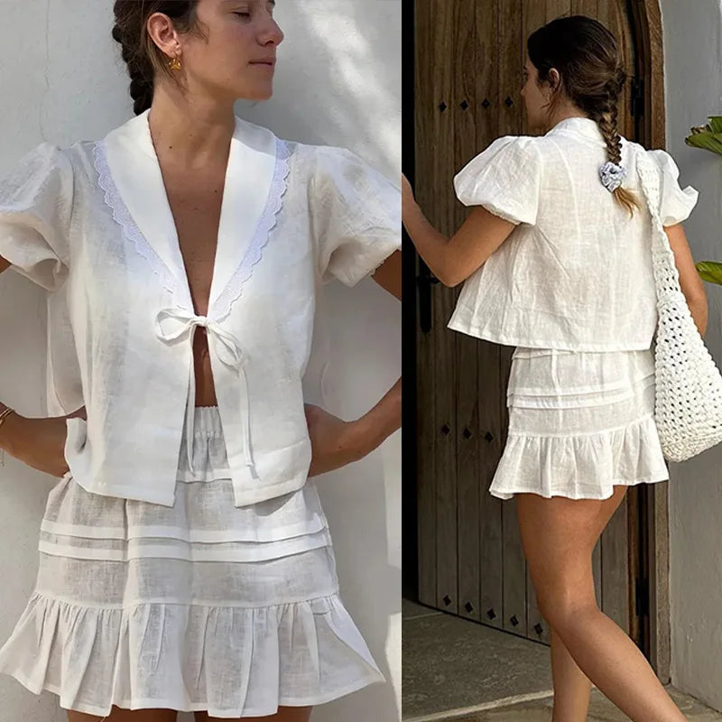 Two Piece Vacation Outfits Woman Sexy Outfit Women Summer Dressess Women's Skirt Set and Blouse Holiday Dress Pieces Top white