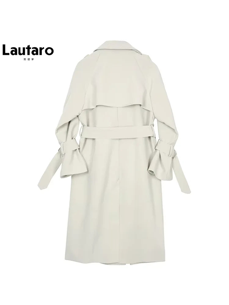 Lautaro Spring Autumn Long Soft Flowy Trench Coat for Women Sashes Raglan Sleeve Double Breasted Loose Casual Korean Fashion