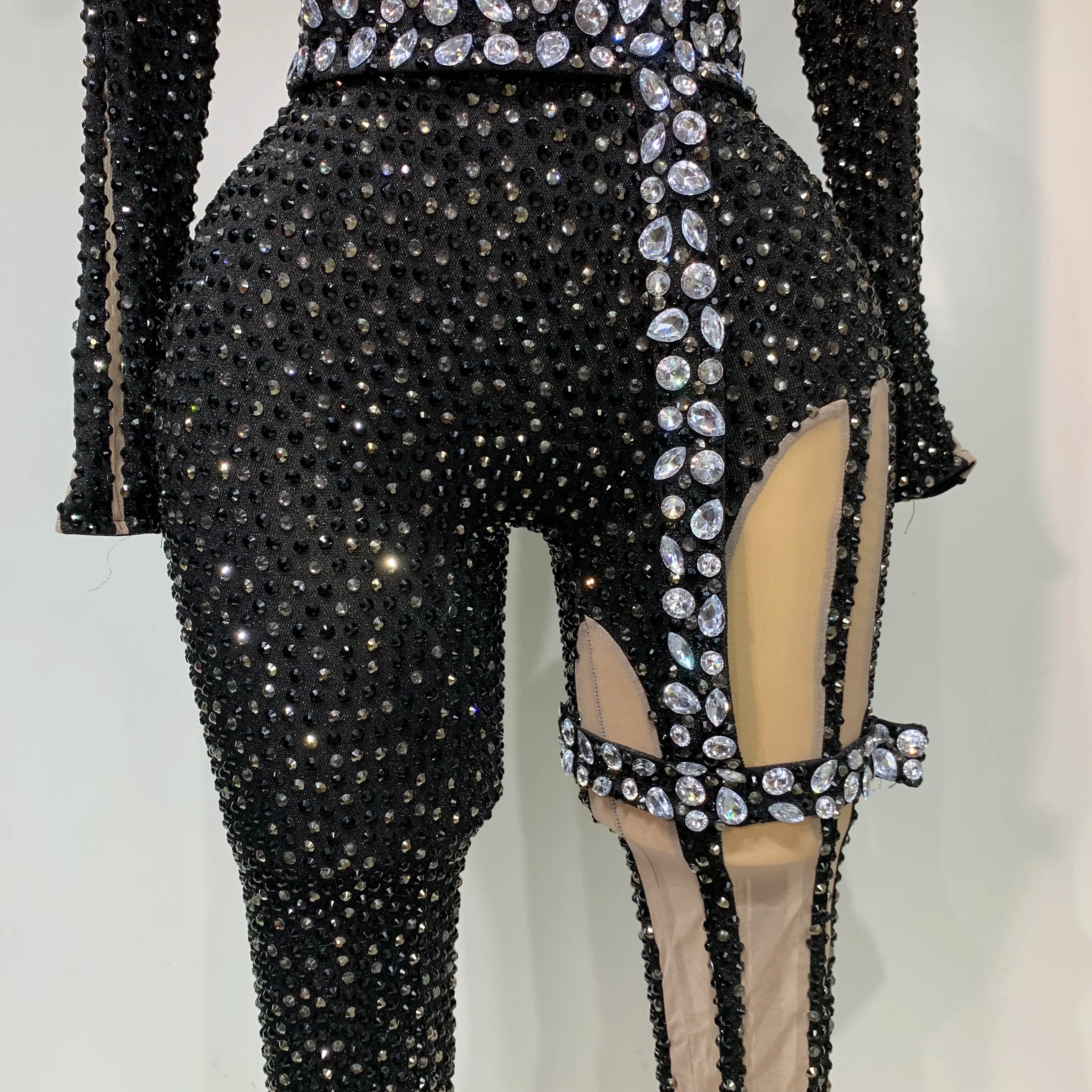 Sexy Sparkly Diamond Black Long Sleeves Bodycon Mesh Jumpsuit Evening Party Nightclub Bar Singer Performance Stage Costume