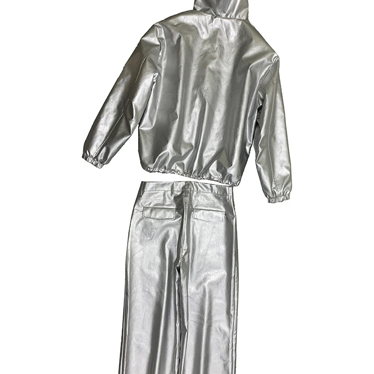 Mauroicardi Autumn Oversized Waterproof Silver Faux Leather Jacket Men with Drawstring Hood Zipper Loose Casual Korean Fashion