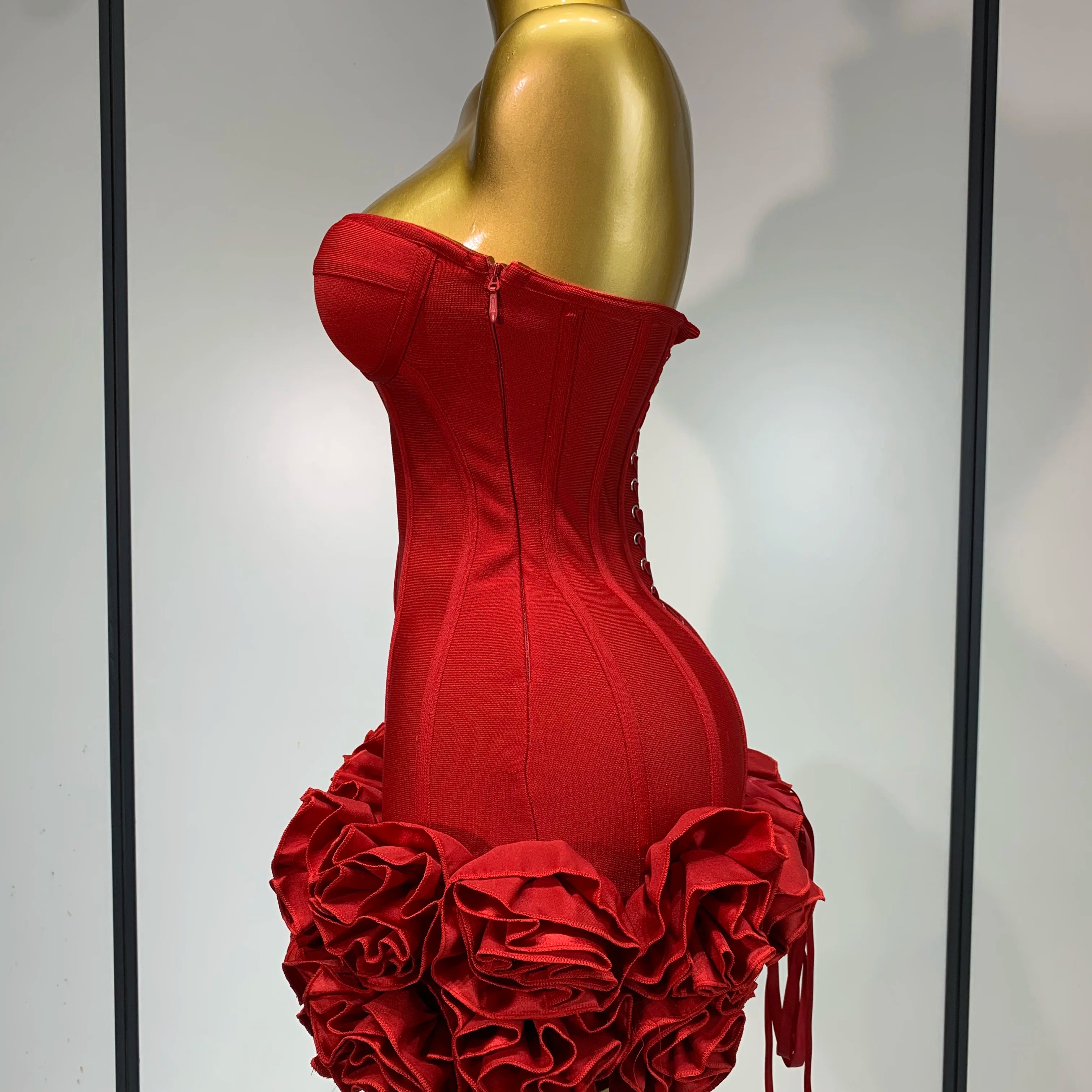 Women Sexy Strapless Backless Flower Embellished Mini Bandage Dress Bodycon Celebrity Party Cocktail Evening Party Club Dresses