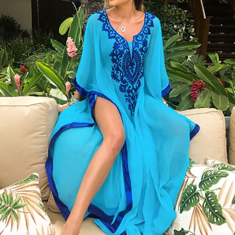 Plus Size Kaftan Tunic Beach Dress Swim Wear Bathing Suit Cover Up 746 blue One Size