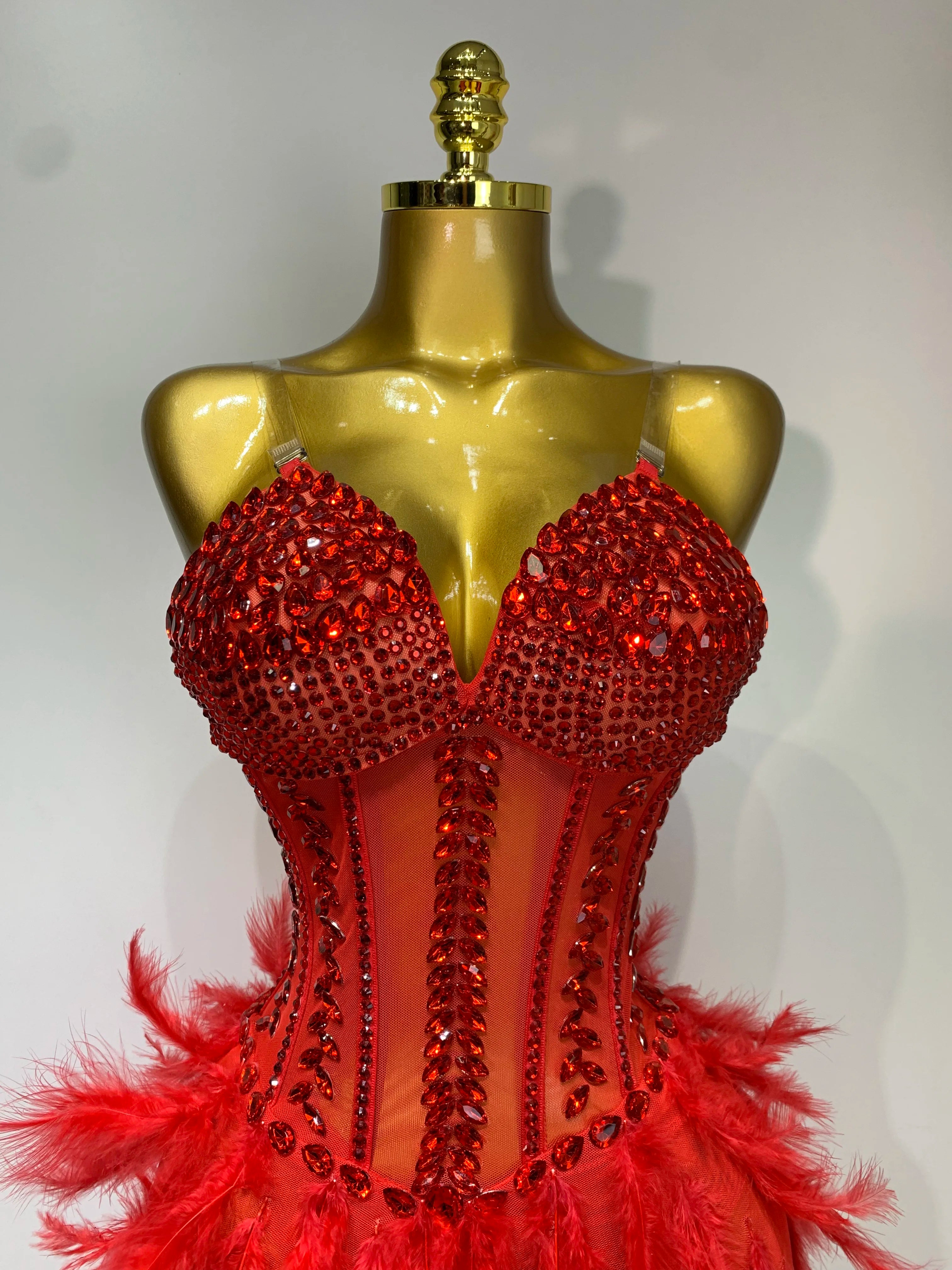 Sparkly Rhinestones Bodysuit Feathers Long Tail Dress Sexy Mesh Transparent Evening Party Celebrate Birthday Dress Stage Outfit