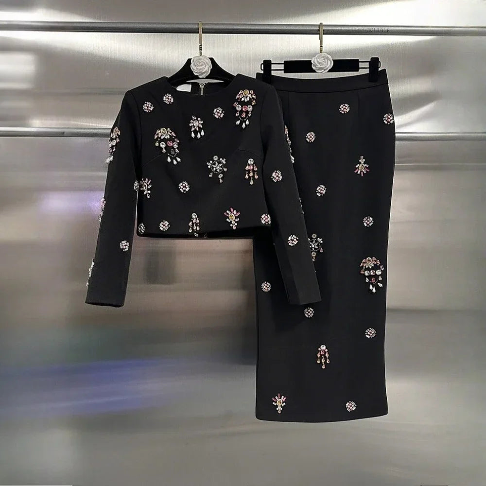 Solid Slimming Two Piece Sets for Women Round Neck Long Sleeves Patchwork Diamonds Top High Wasit Skirt Female New BLACK