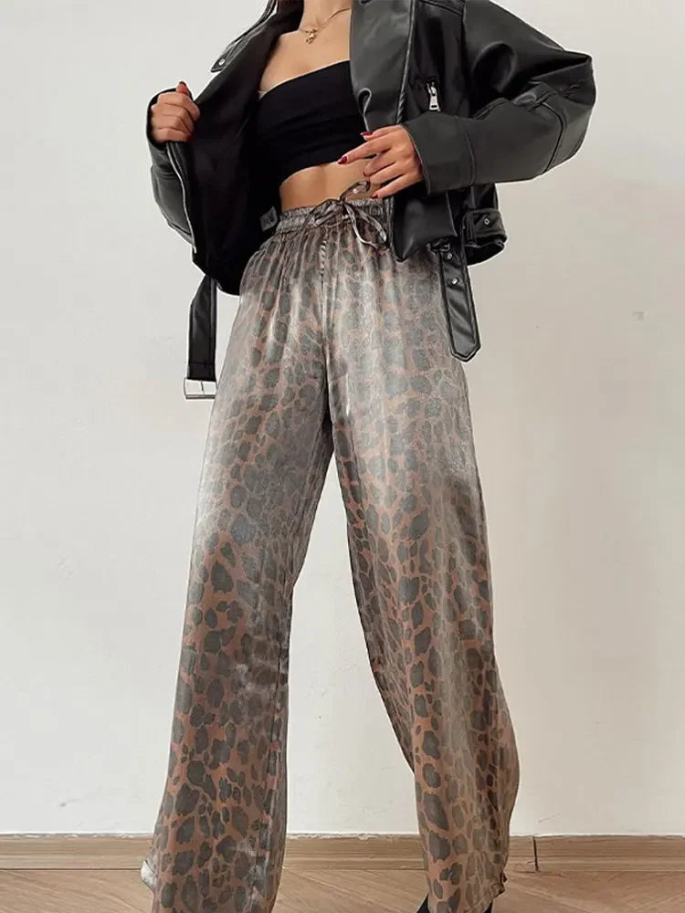 Fashion Leopard Print Wide Leg Pants Women Chic Glitter High Waist Elastic Lace Up Loose Long Pants Casual High Street Wear
