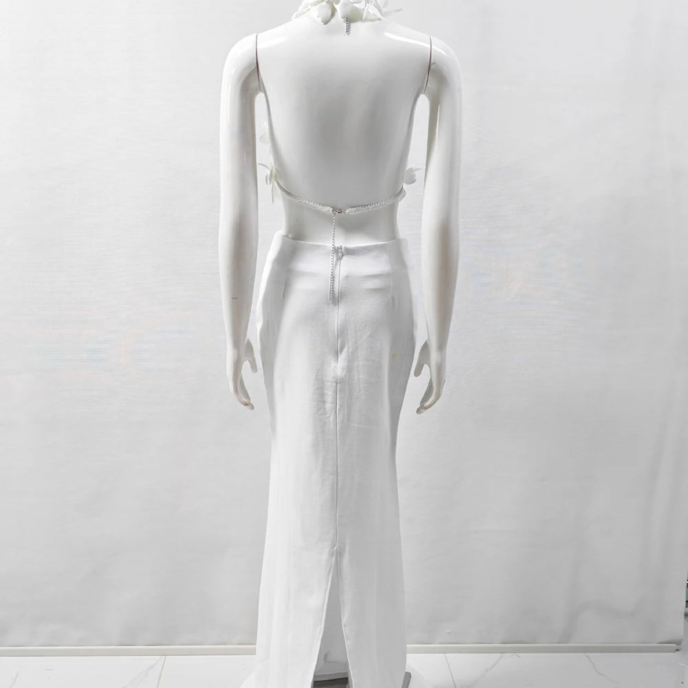 White Elegant 3D Flowers Hollow Out Beach Dresses Set Sexy See Though Crop Tops Long Skirts Women Sets Summer Female Outfits