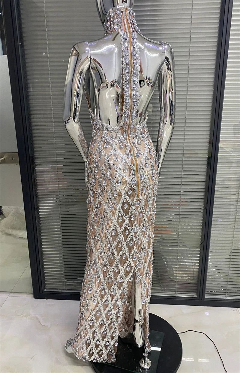 Shinning Big Crystal Women Sleeveless Sexy Halter Bodycon Long Dress Celebrate Birthday Party Nightclub Outfit Vestido