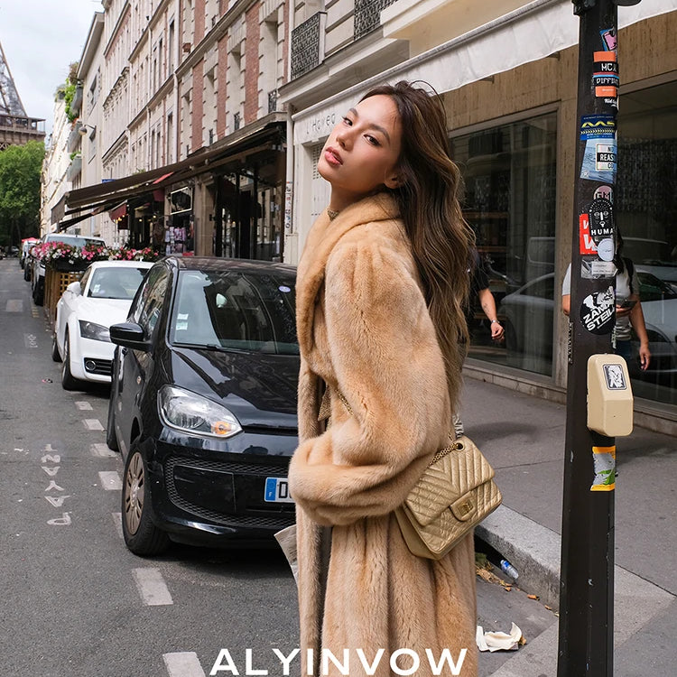 Lautaro Autumn Winter Luxury Soft Thick Warm Faux Mink Fur Coat Women Shawl Collar Elegant Retro Chic Fluffy Furry Overcoat 2025