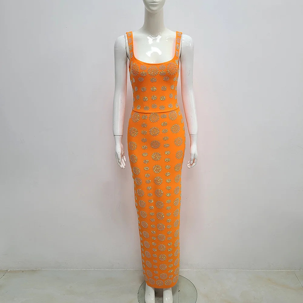 Shinning Rhinestones Women Sleeveless Sexy O-Neck Bodycon Long Bandage Dress Fashion Celebrate Evening Party Cocktail Dress Orange