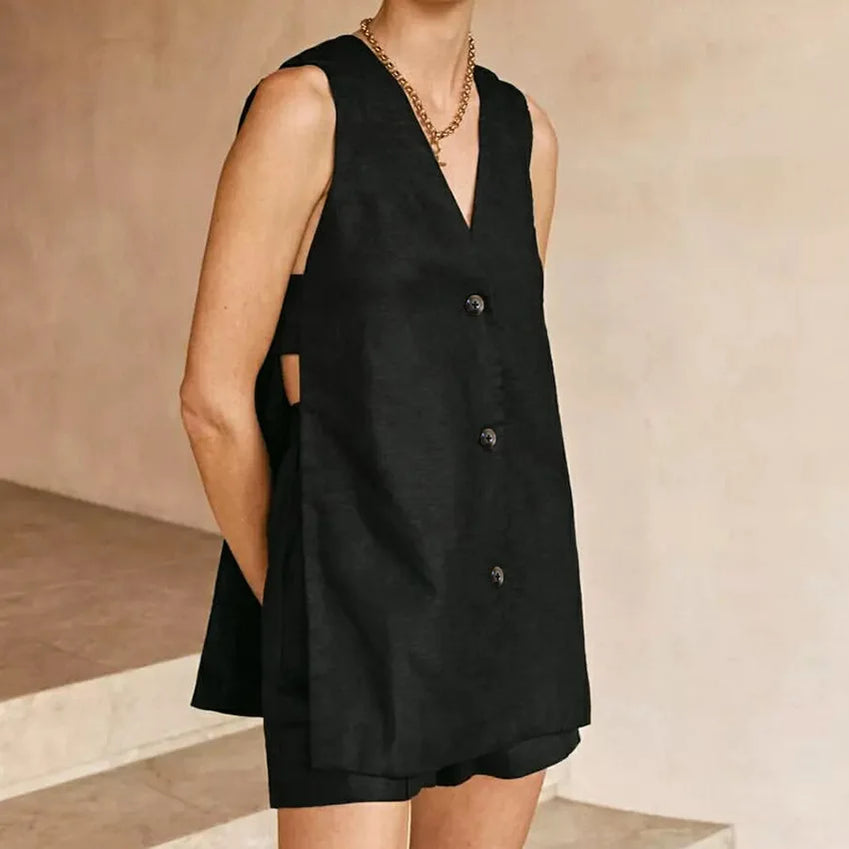 New 100% Cotton Women Suits 2 Pieces Sets V Neck Sleeveless Buttons Vest Blazer+High Waist Shorts Lady Office Tracksuit black