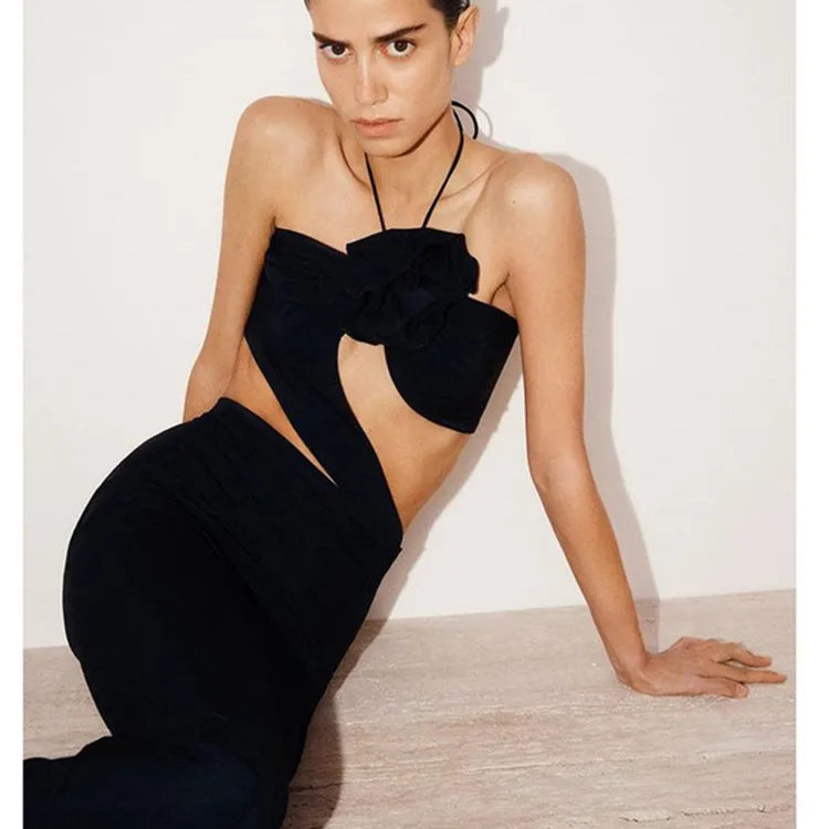 2023 Summer 3D Flower Sexy Hollow Out Sleeveless Bodycon Black Long Dress Fashion's Sexy Woman Party Outfit Beach Party Vestido