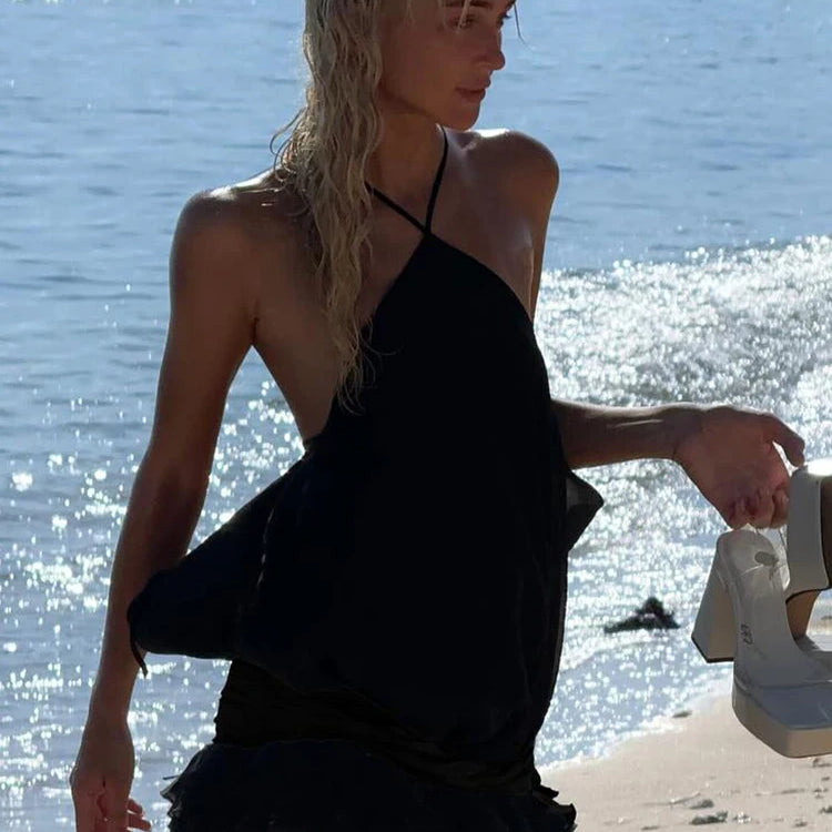 Edgy Black Halter Sleeveless Mini Dress Gown with Open Back for Trendy Parties