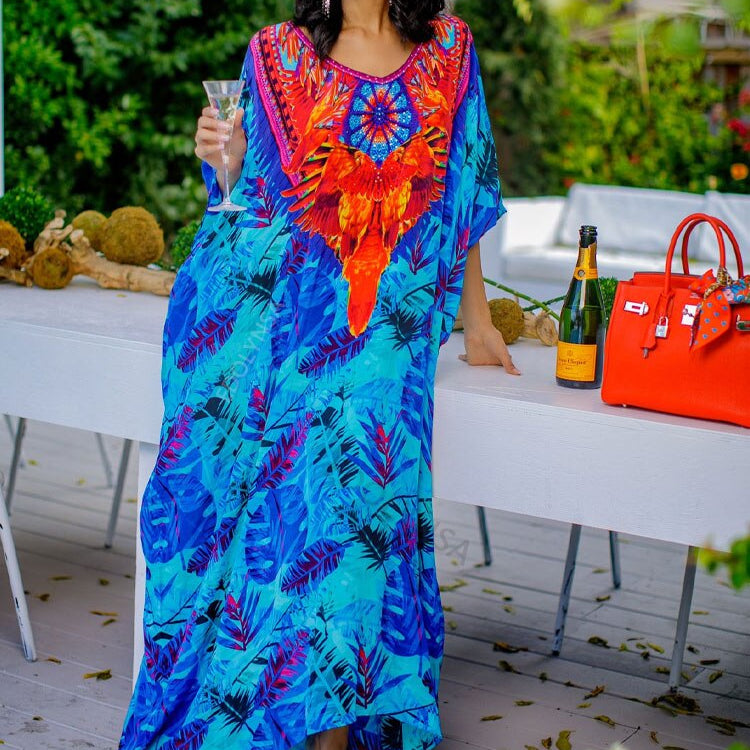 Plus Size Multicolored Loose Dress Cotton Tunic Women Large Size Beach Wear Kaftan Bohemian Printed Loose Beach Dresses Q1320-1084 One Size