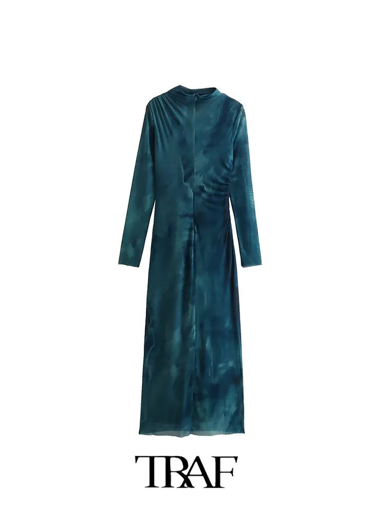 Woman Silk Mesh Midi Dress Autumn Women Long Sleeve Vintage Long Dress Female Elegant Slim Dress