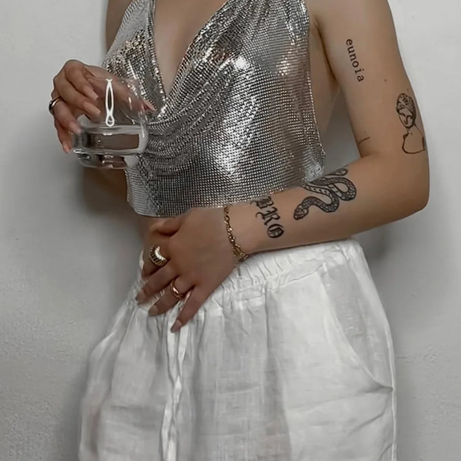 Sexy Rhinestone Backless Party Crop Top Women Glitter Turtleneck TShirt Adjustable Metal Chain Summer Nightculb Diamond Tank Top