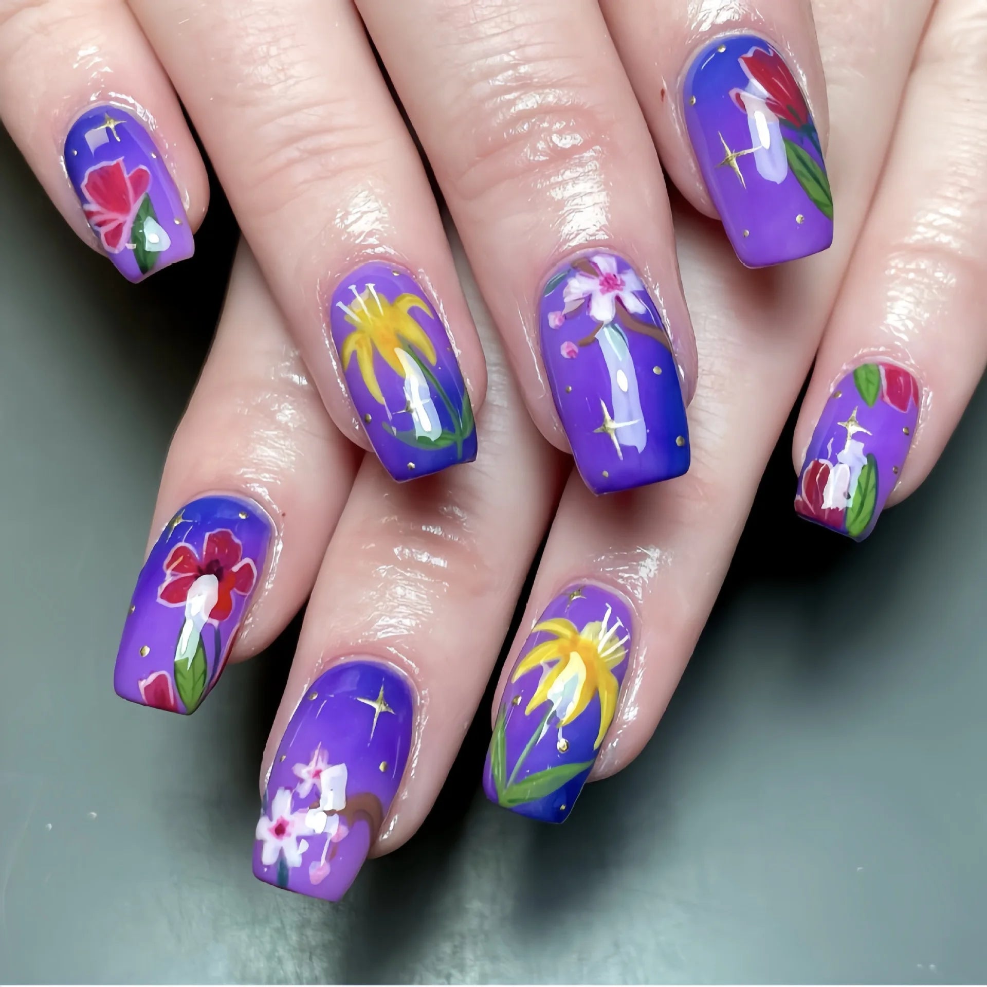 24pcs/set Medium long fake nails square ballet tips flowers butterfly for spring summer season blue green press on false nail 1585