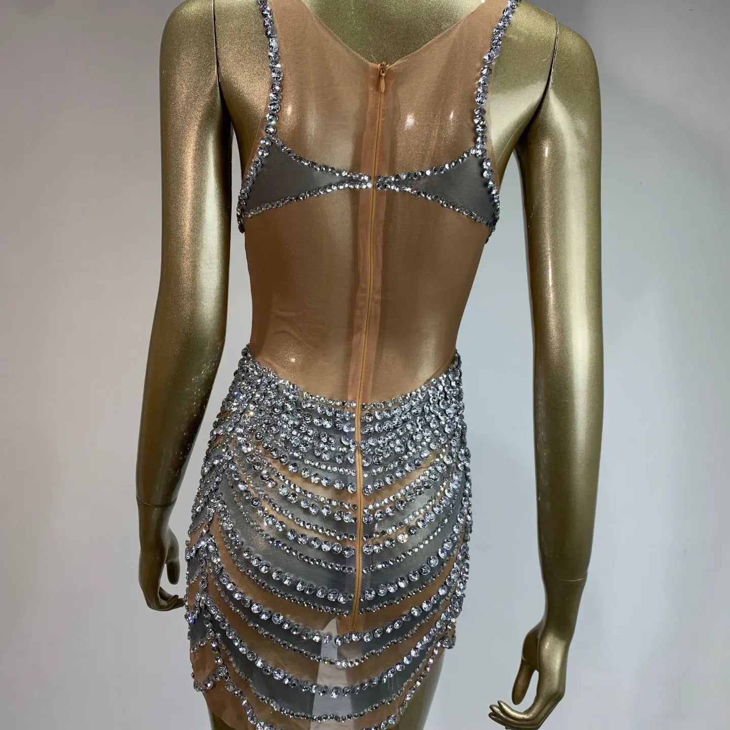 Celebrity Women Sexy U Neck Crystal Diamonds Mesh Mini Dress Birthday Party Costume Bar Nightclub Stage Performance Outfit