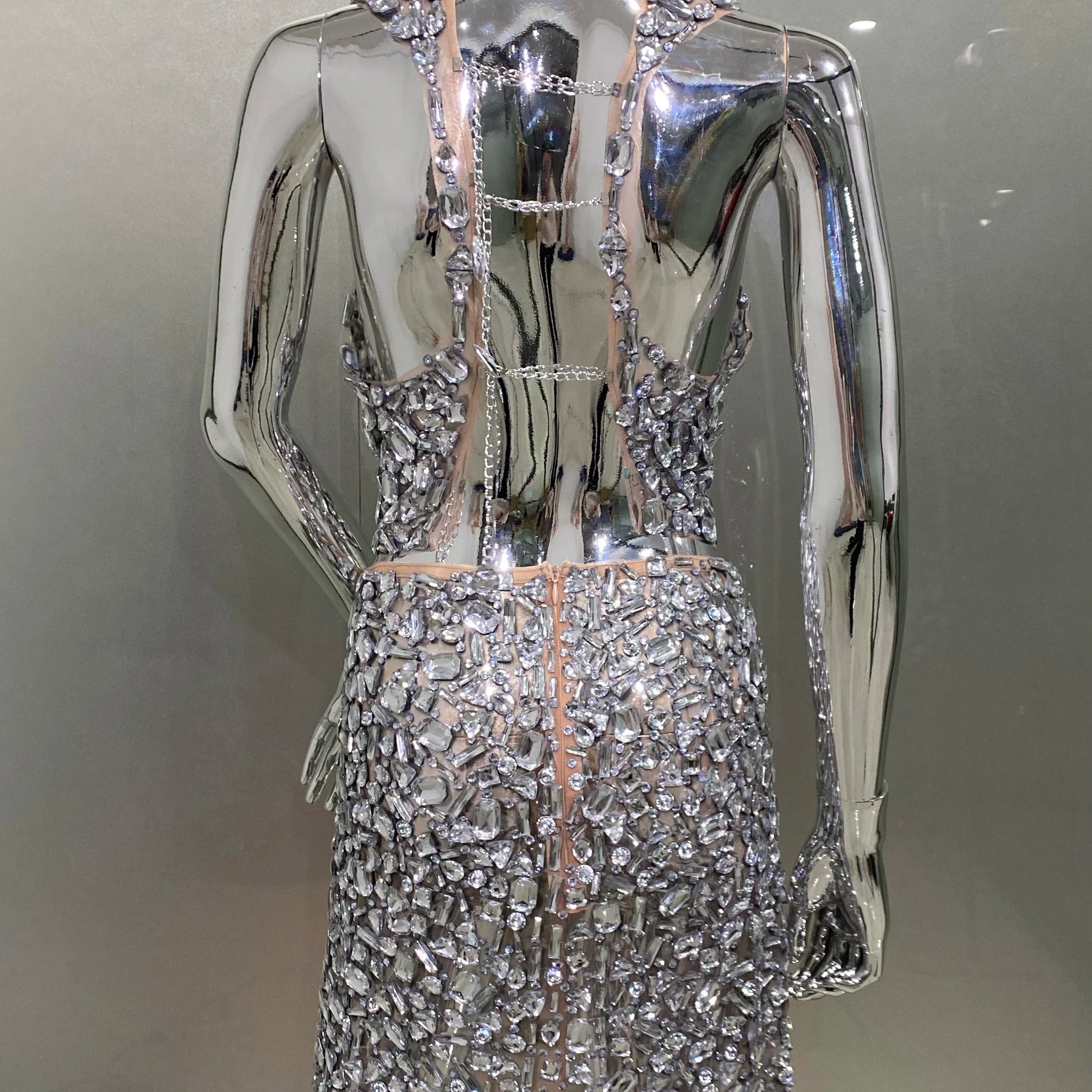 Sparkling Diamonds Sexy See Through Blackless Tank Top And Skirt 2 Pieces Woman Set Birthday Party Vestido