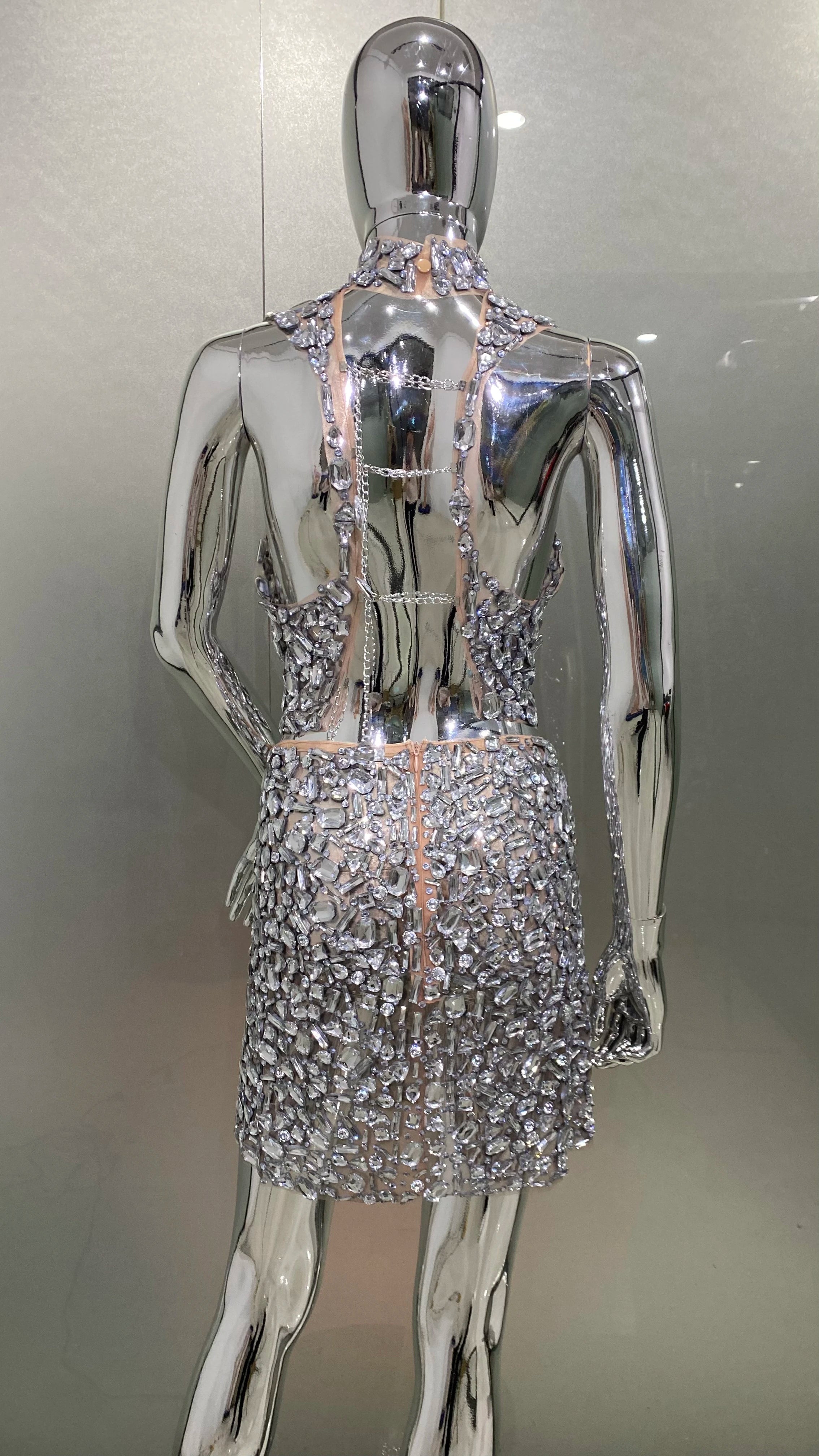 Sparkling Diamonds Sexy See Through Blackless Tank Top And Skirt 2 Pieces Woman Set Birthday Party Vestido