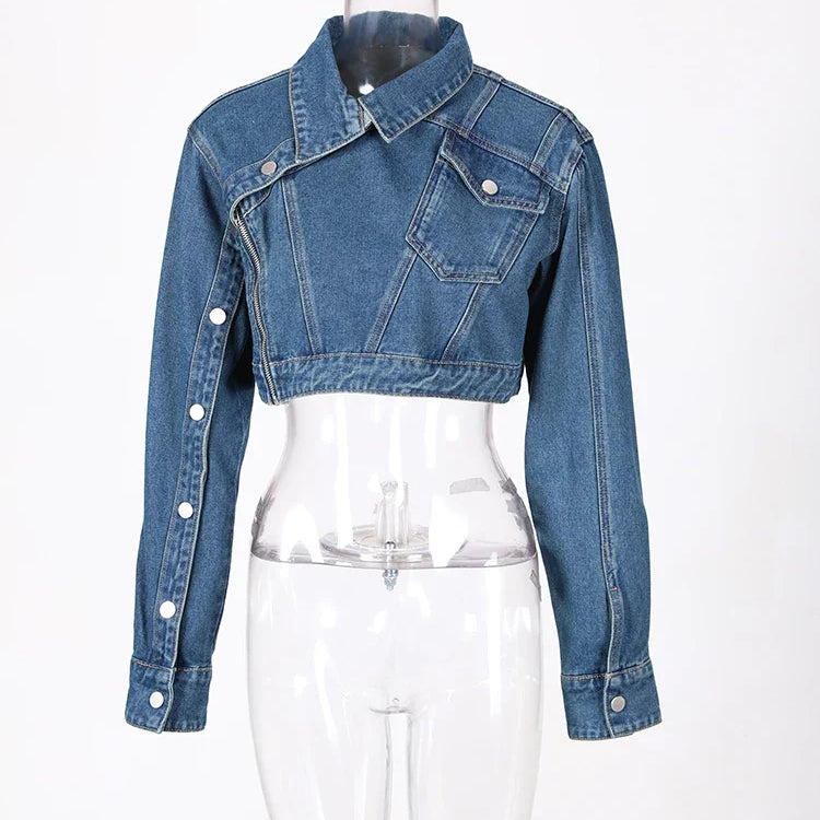 DEAT Fashion Women's Denim Jackets Lapel Retro Deconstruction Asymmetry Zipper Long Sleeve Short Coat Winter New 29L1194