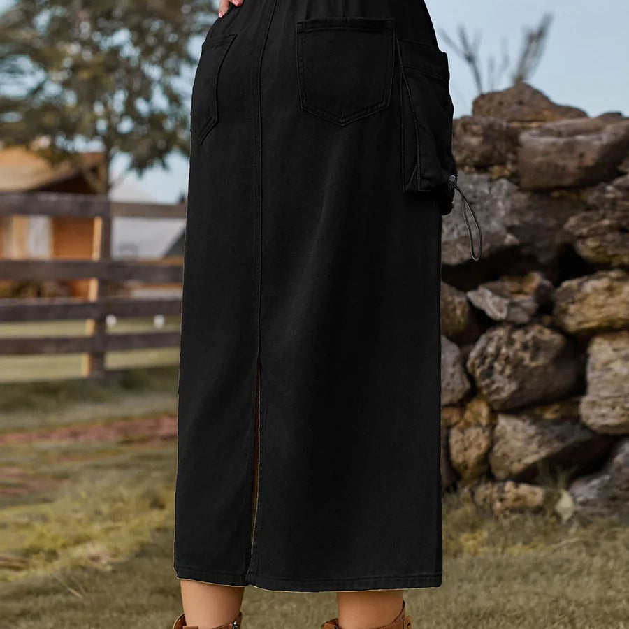 Edhomenn Women s Midi Cargo Skirt Solid Color Drawstring Denim Skirt with Pockets Y2k Long Skirt Streetwear