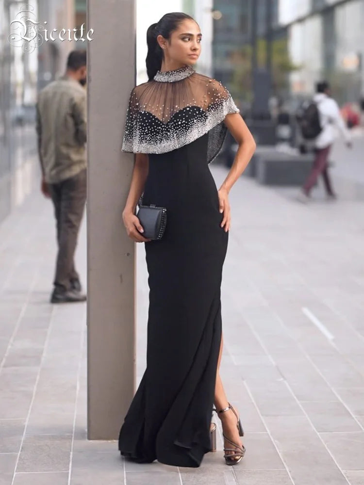 Luxury Sheer Beaded Mesh Cape Black Maxi Strapless Sleeveless Dress for Formal Events Gown