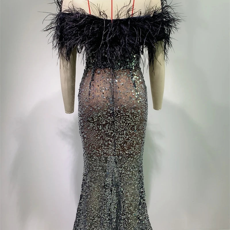 Luxury Feather Dazzling Diamonds Sexy Mesh See Through Black Floor Length Dress Goddess Evening Party Dress Red Carpet Vestido