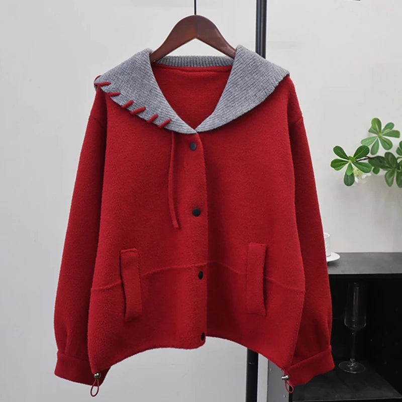 Autumn Winter New Loose Contrast Color Design Knitted Double-Sided Cardigan For Women Sweater Jacket Female 11A07624 Red One Size