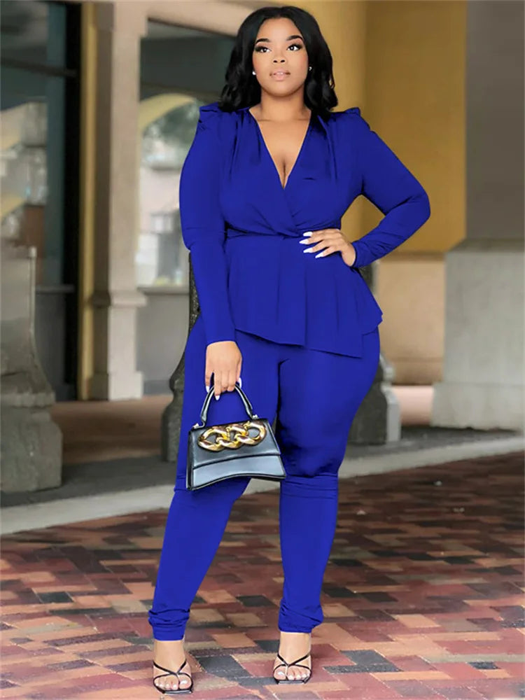 Wmstar Plus Size Two Piece Set Women Clothing Pants Sets Top Leggings Matching Office Lady Fall Clothes Wholesale Dropshipping Blue