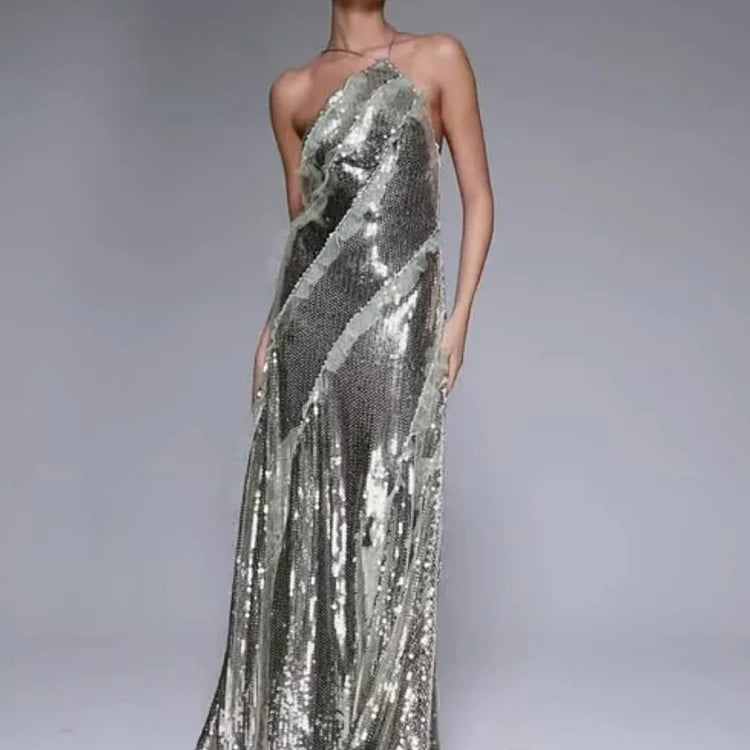 VC Starry Silver Sequin Strappy Backless Sleeveless with Ruffle Mesh Details Dressfor Party Glamour Gown