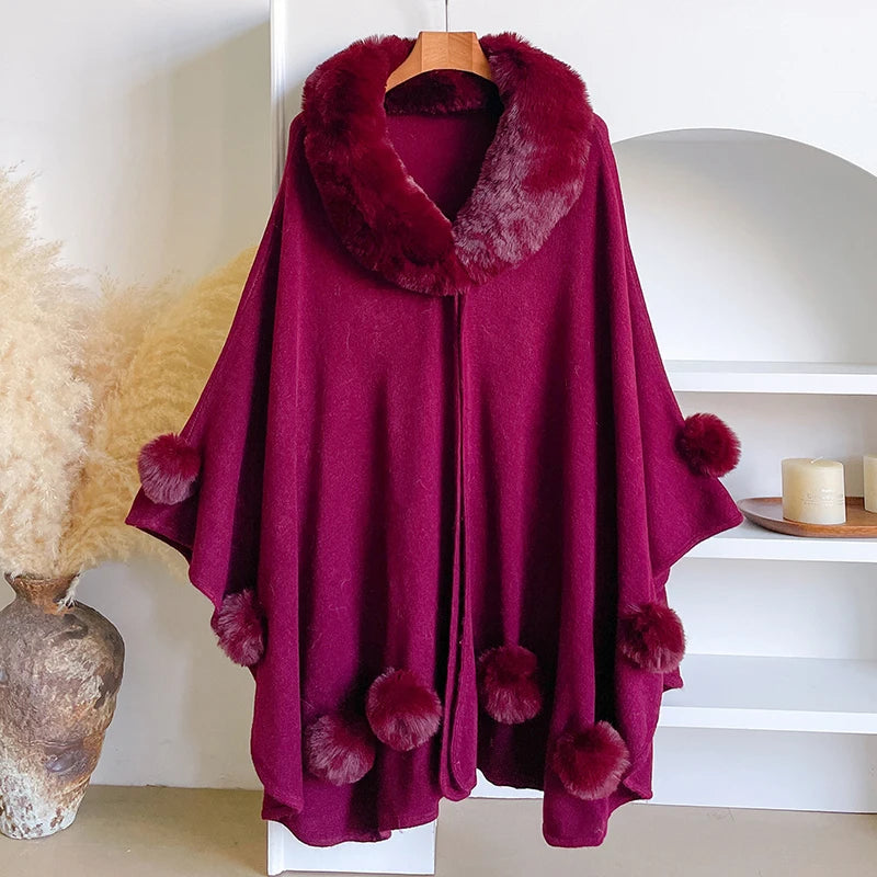 Winter New Thicken Mink Wool Full Trims Faux Fur Cape - Women's Hooded Loose Fleece Cloak Coat for Party Dress Wraps Warm