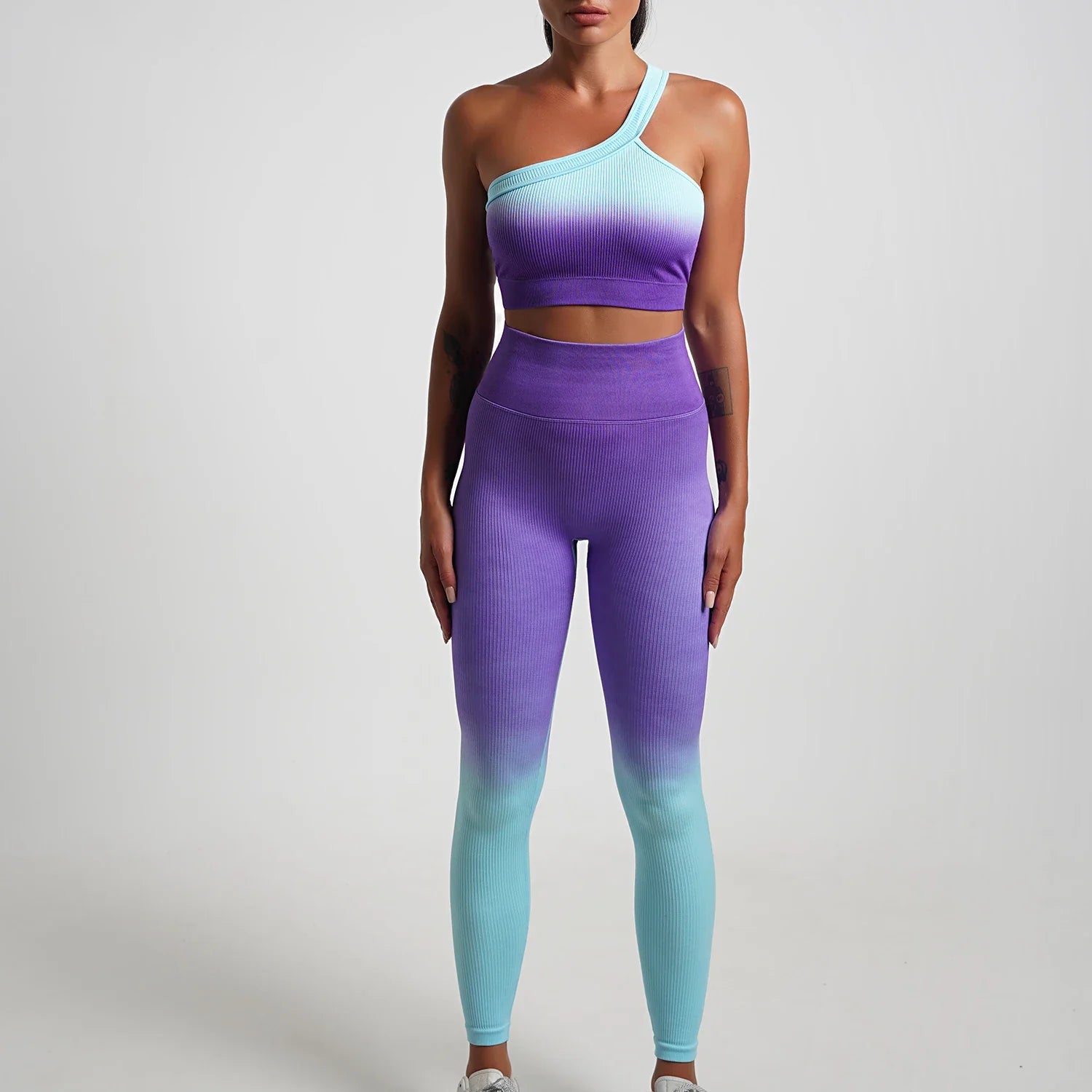 Seamless Gradient Yoga Sets Sports Fitness High Waist Hip-Lifting Pants Long-Sleeved Suits Workout Gym Leggings Sets for Women Purple D