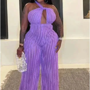 CM.YAYA Fashion Ruffles Women Halter Deep V-neck Backless Wide Leg Jumpsuit 2023 Sleeveless Chic Playsuit One Piece Suit Romper Light Purple