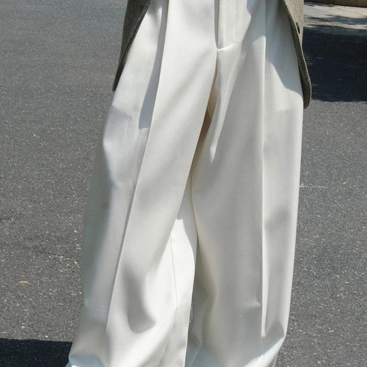 [LANMREM] Korean Style Pleated White Pants For Women High Waist Wide Leg Trousers Casual Loose Clothing Spring New 26D8719