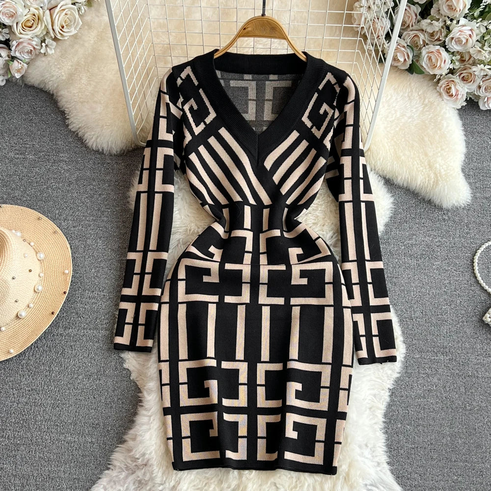 Women Dress Autumn Winter Long Sleeve Y2K Geometric Knitted Dress Lady Elegant Bodycon Sweater Dress Vestidos