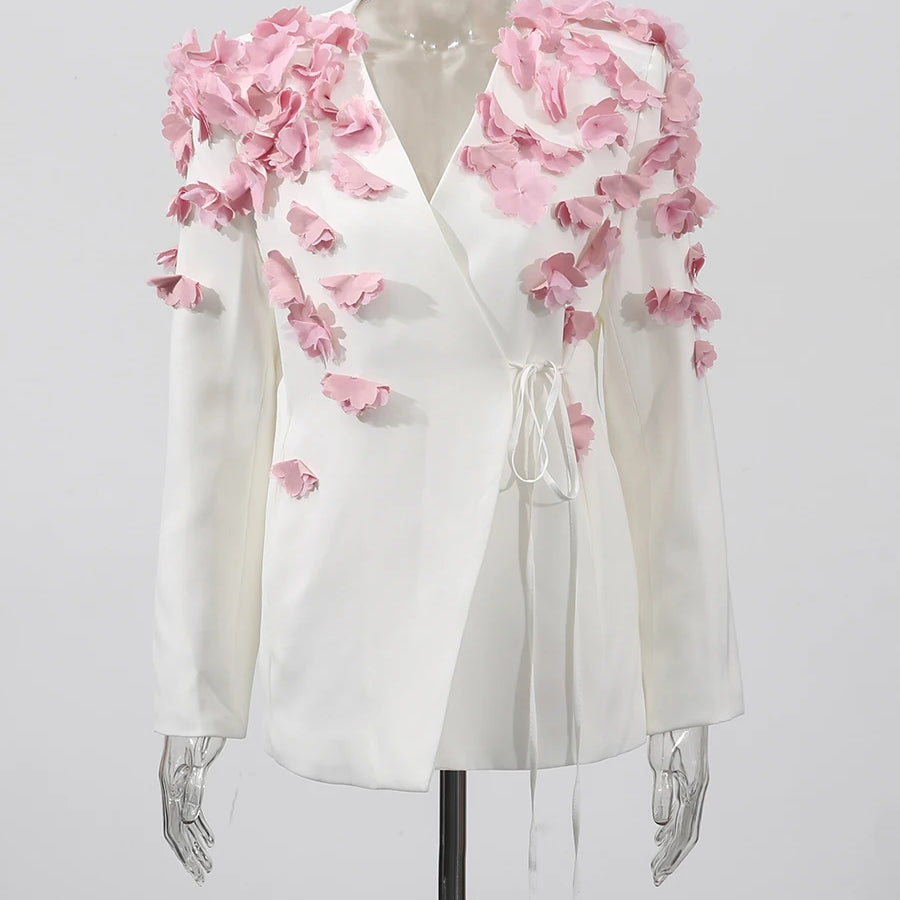 Spliced Petal Two Piece Sets for Women V Neck Long Sleeve Patchwork Lace Up Top High Wasit Skirt Elegant Set Female WHITETOP